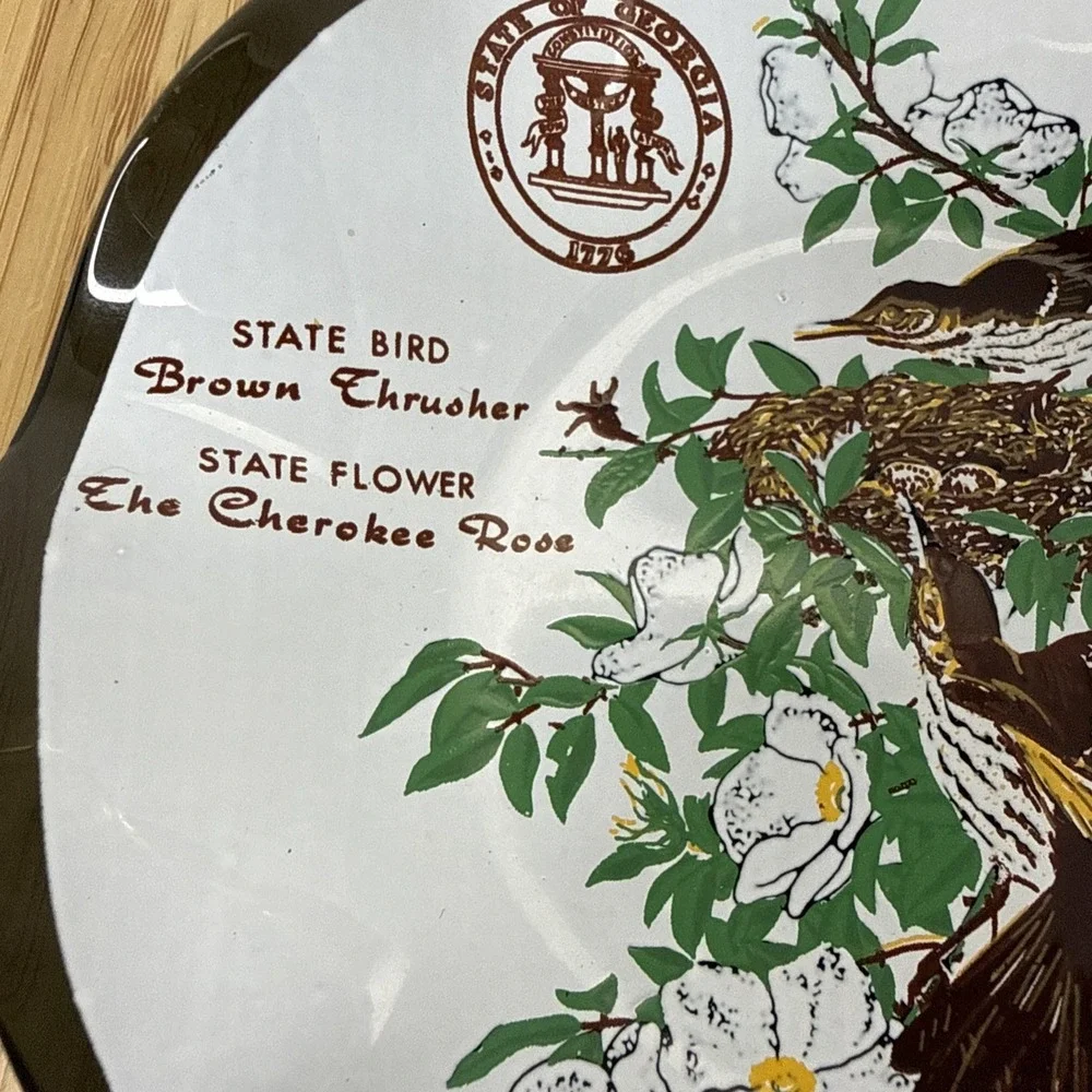 Vintage MCM Enamel Ashtray State Of Georgia Flower And Bird Round 5.5